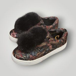 Sam Edelman Sneaker Leya Pom Pom  Jacquard Multicolur Faux Fur Womens Size 6M